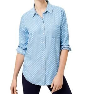 Ann Taylor LOFT Polka Dot Chambray Button Up Shirt Blue White Long Sleeve Size M